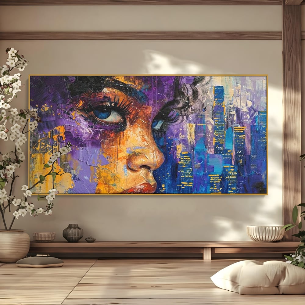 Tablou canvas cu pictura digitala cu profil de femeie, in rama de aluminiu auriu